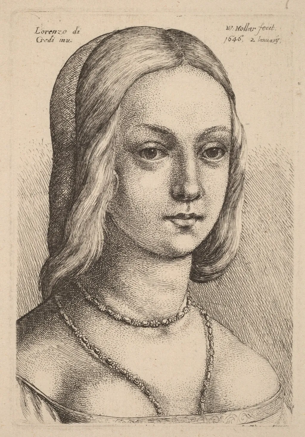 Head of Woman Looking Right, by Wenceslaus Hollar, ink, 1642