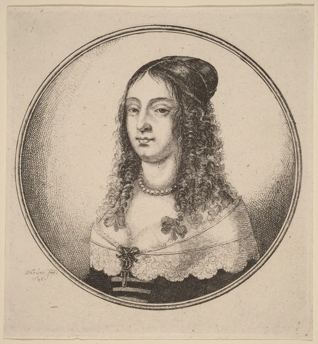 Lady with Ribbons on Curls, by Wenceslaus Hollar, ink, 1646