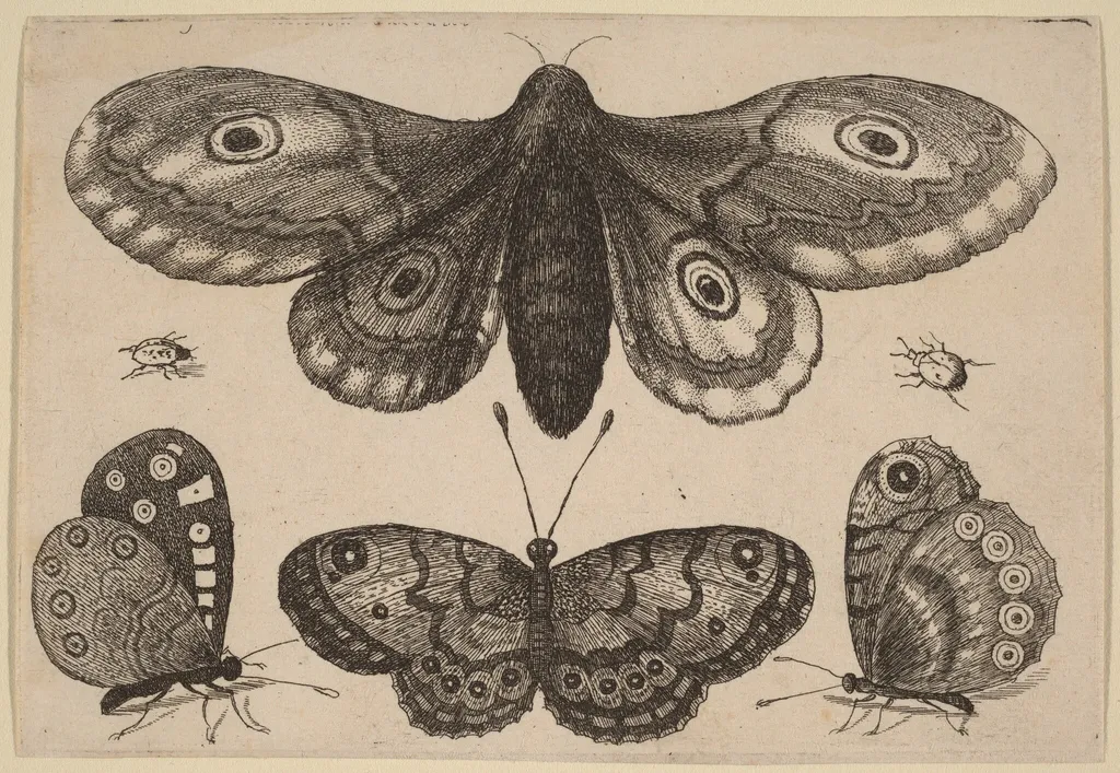 Moth, Three Butterflies, and Two Beetles, by Wenceslaus Hollar, ink, 1646