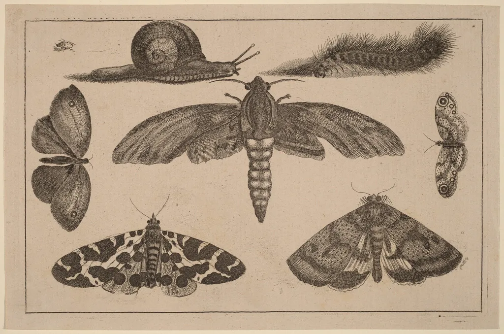 Six Insects, a Caterpillar, and a Snail, by Wenceslaus Hollar, ink, 1648