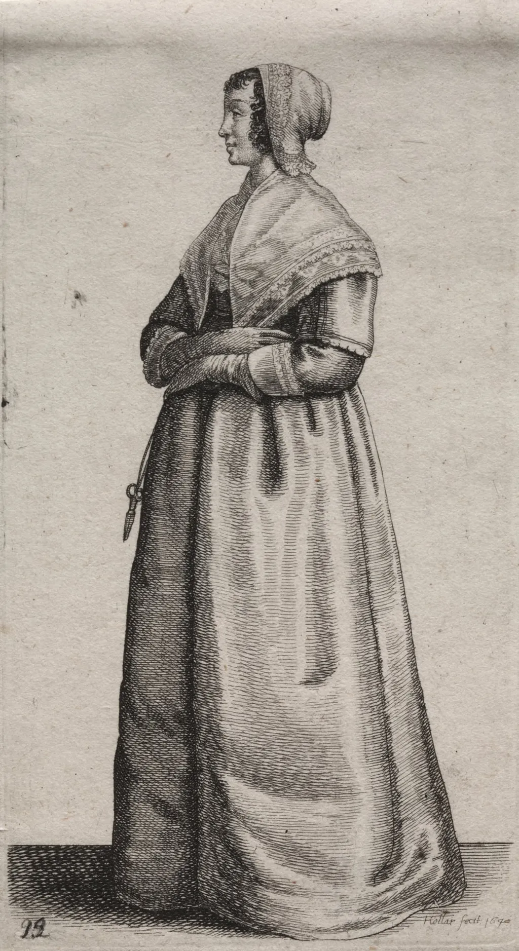 The Several Habits of English Women, from the Nobility to the Country Women as they are in these times: The Woman with Scissors, by Wenceslaus Hollar, 1640