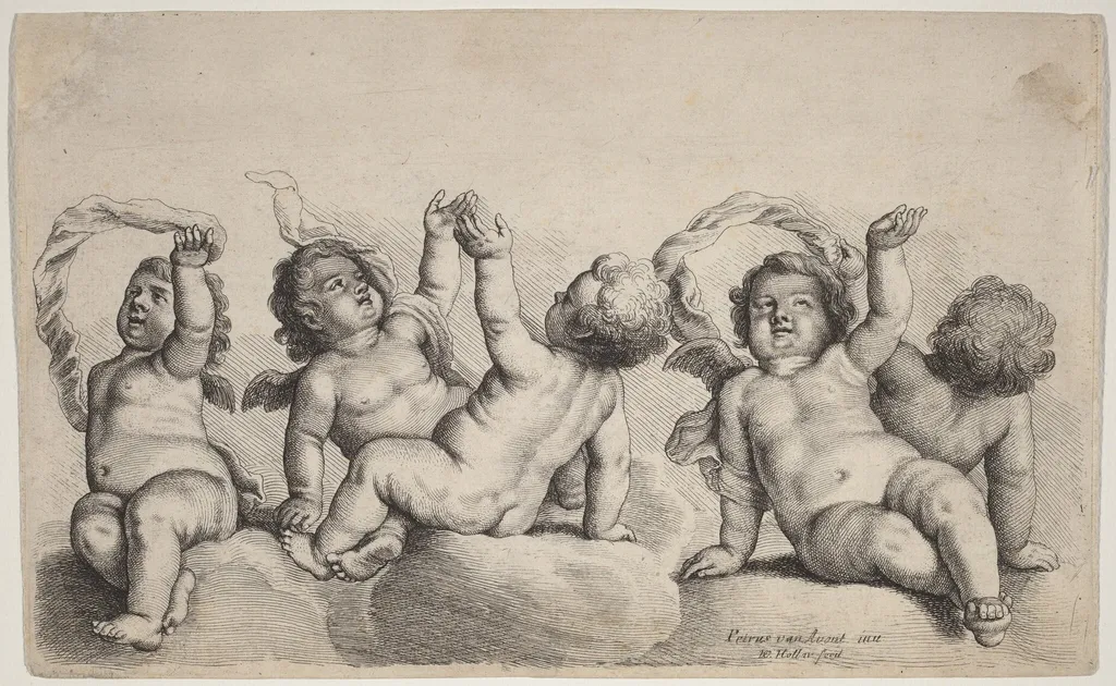 Three Cherubs and Two Boys Each Raising One Arm on Clouds, by Wenceslaus Hollar, ink, 1646