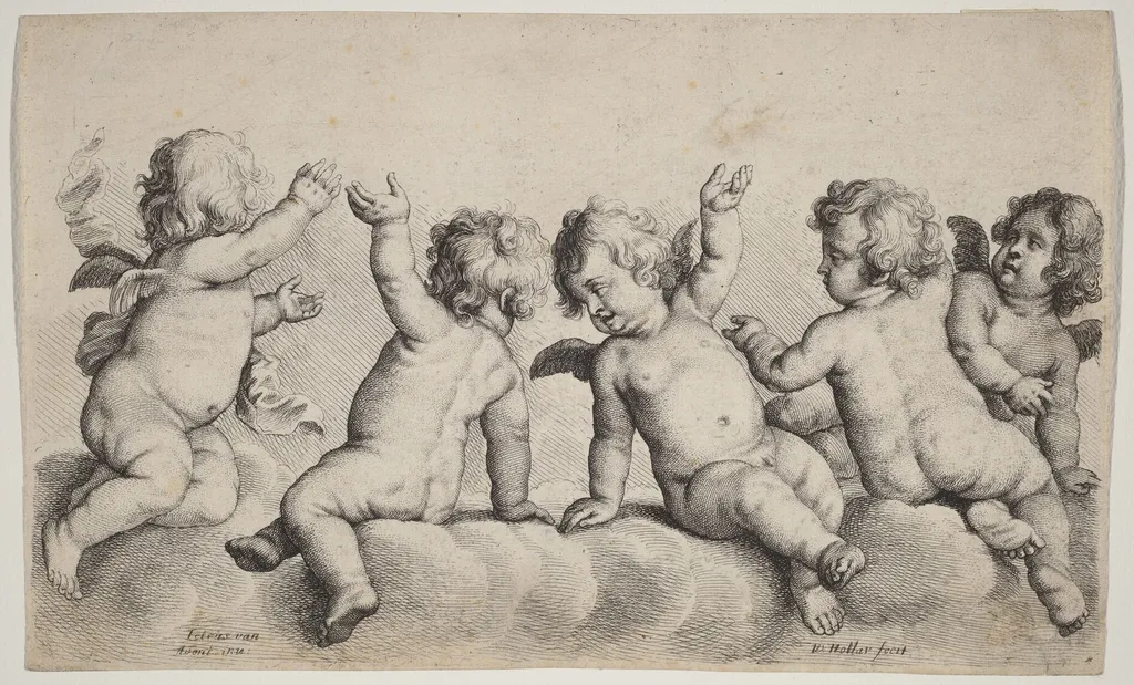 Three Cherubs and Two Boys on Clouds, by Wenceslaus Hollar, ink, 1646