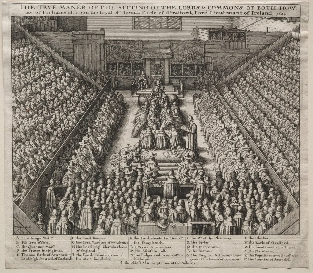 Westminster Hall, Interior, with The Trial of the Earl of Strafford, by Wenceslaus Hollar, 1641