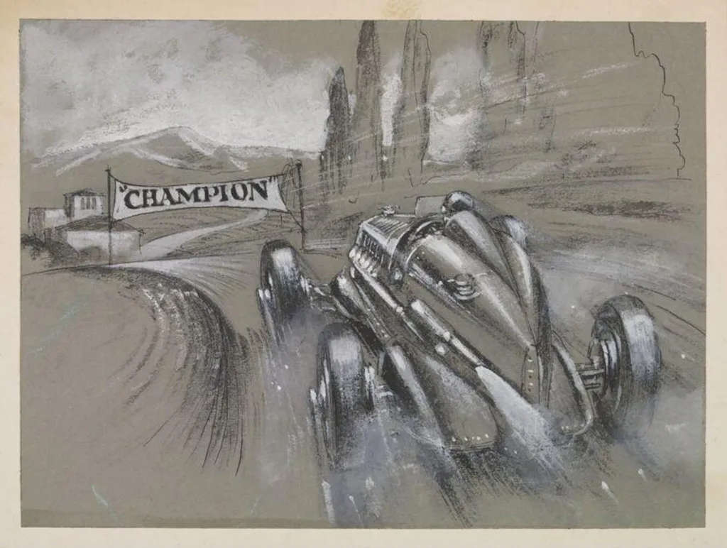 A Racing car coming through the finish line, by Wilfrid R. Addey, 1944