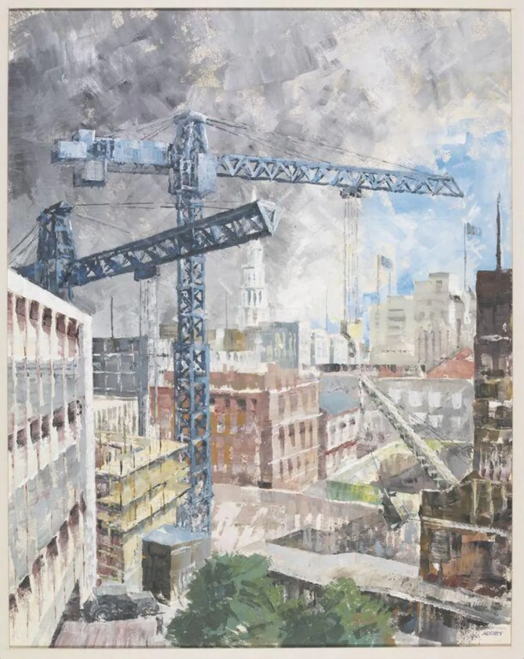 Cranes in a City, by Wilfrid R. Addey, watercolor, 1960