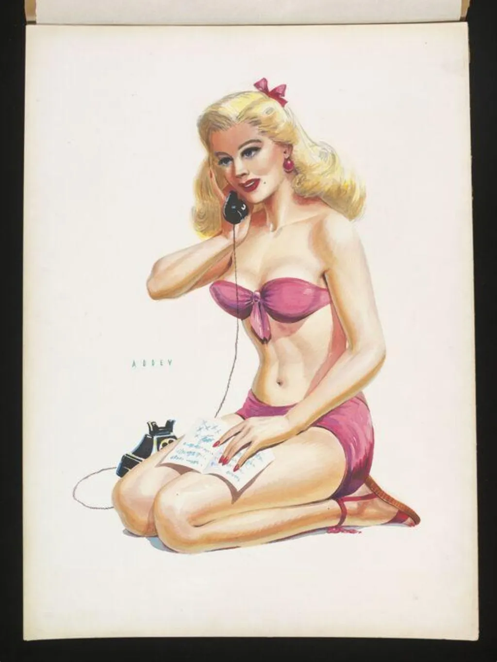 'Pin-up' girl speaking on the telephone with a letter in her hand, by Wilfrid R. Addey, watercolor, 1944