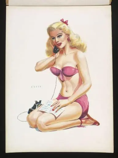 'Pin-up' girl speaking on the telephone with a letter in her hand, by Wilfrid R. Addey