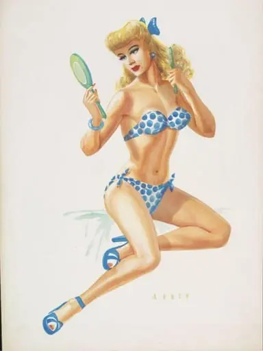 'Pin-up' girl wearing a bikini and brushing her hair, by Wilfrid R. Addey