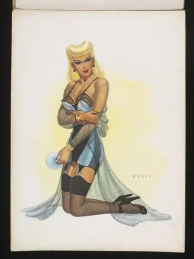 'Pin-up' girl wearing a slip, stockings and suspenders, by Wilfrid R. Addey