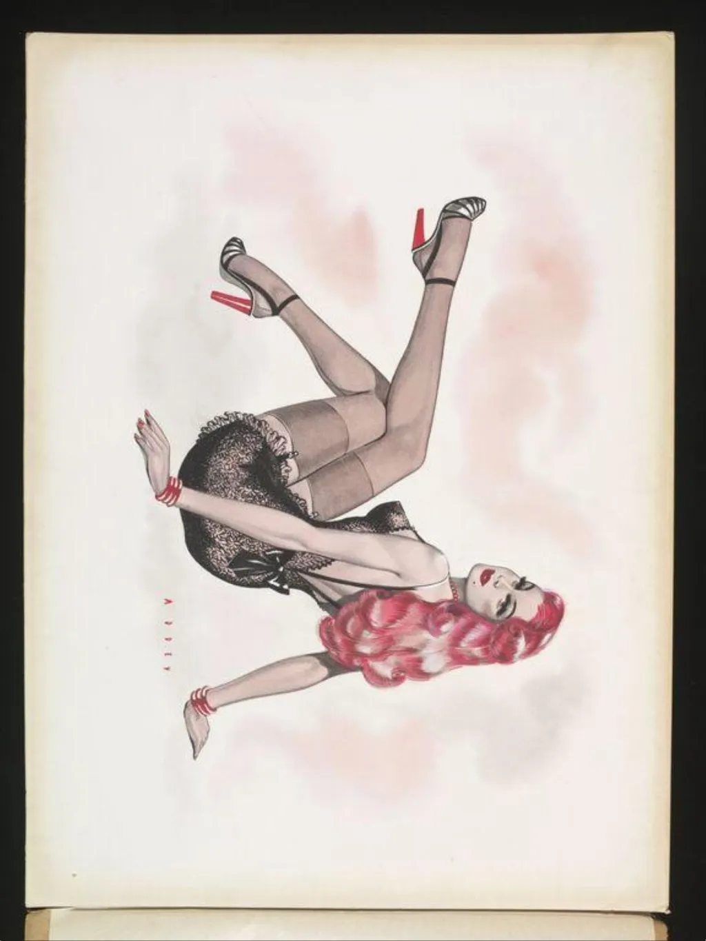 'Pin-up' girl with pink hair wearing a black lace slip, by Wilfrid R. Addey, watercolor, 1944