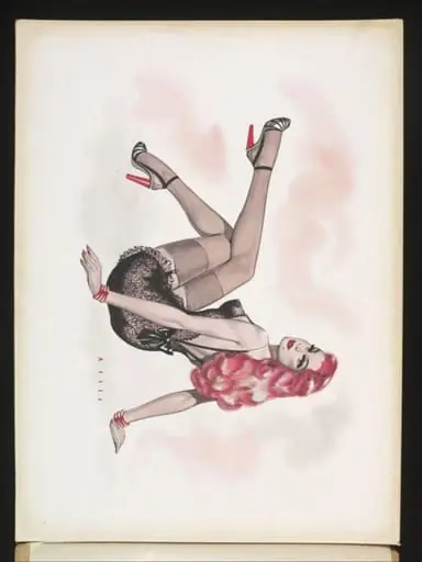 'Pin-up' girl with pink hair wearing a black lace slip, by Wilfrid R. Addey