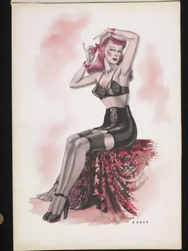 'Pin-up' with pink hair in brassiere, corset and black stockings
