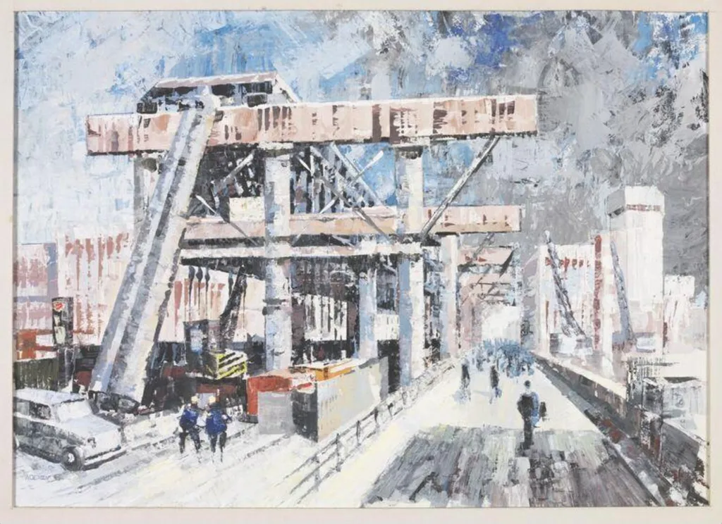 View across a bridge to a modern city, by Wilfrid R. Addey, watercolor, 1965
