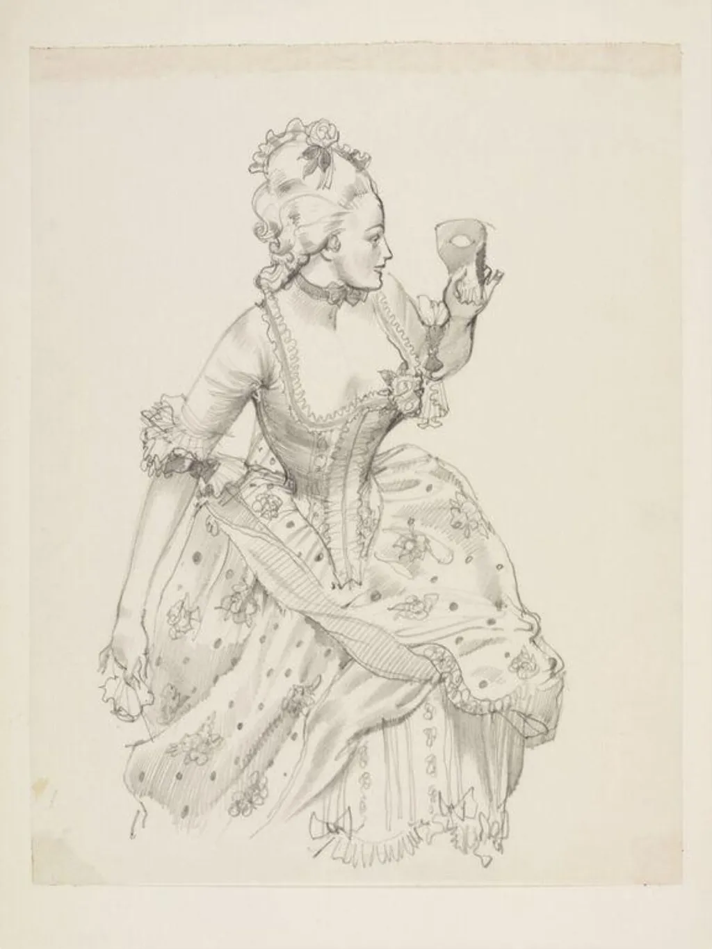Woman in eighteenth century dress and masque, by Wilfrid R. Addey, 1950
