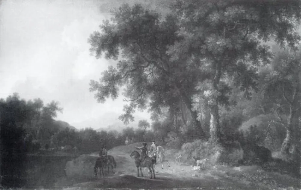 A Hunting Party at the Edge of a Forest, by Wilhelm Friedrich Hirt, oil, 1750