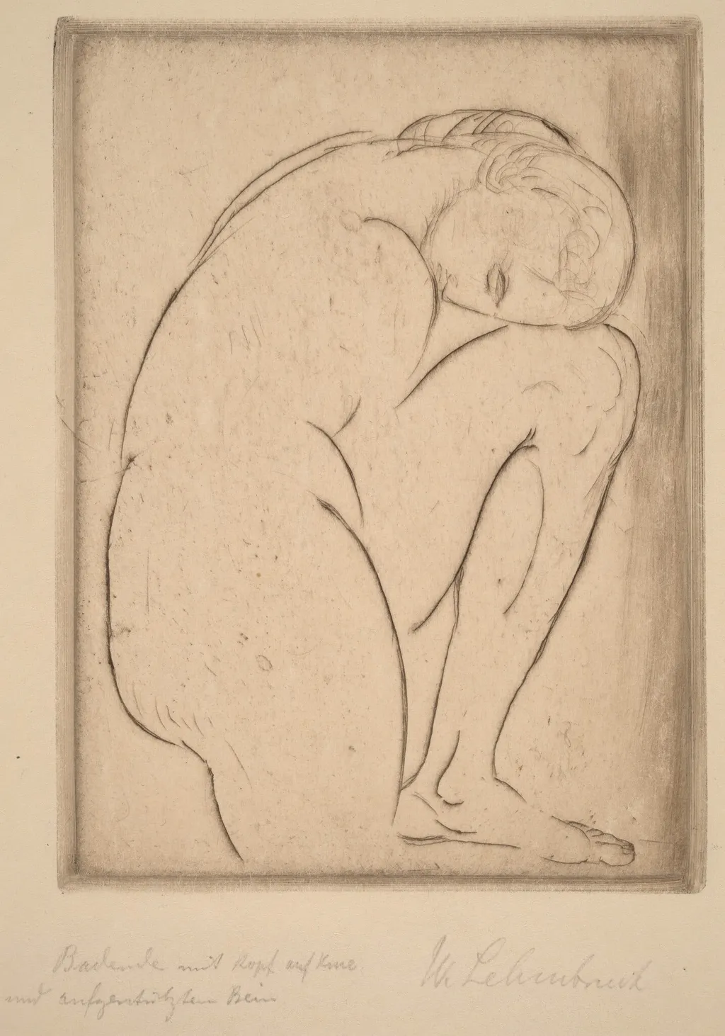 Badende mit Kopf auf Knie (Bather with Her Head on Her Knee), by Wilhelm Lehmbruck, ink, 1913