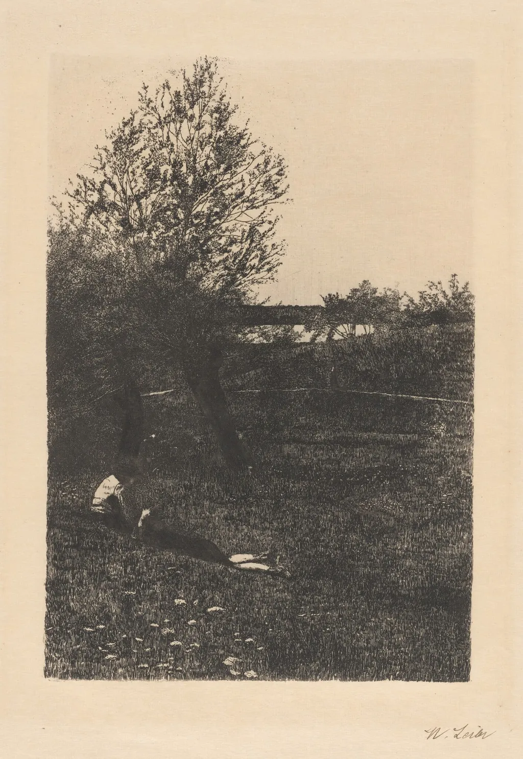 Landscape with Resting Children ("La Dolce far niente"), by Wilhelm Leibl, ink, 1876