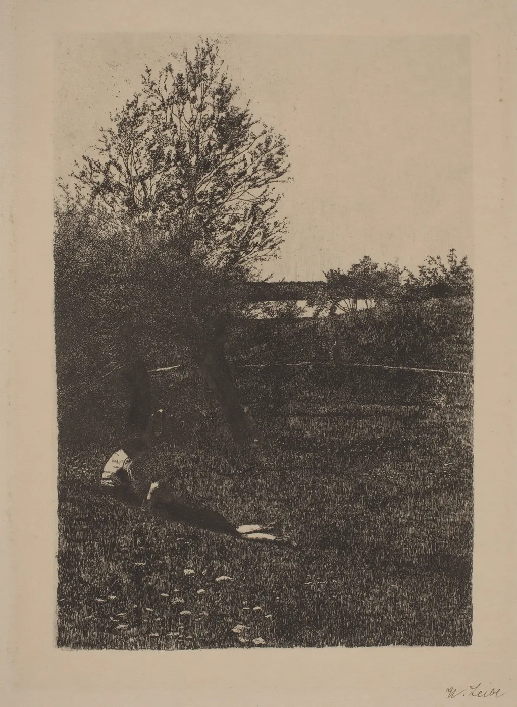 Meadow with Children, by Wilhelm Leibl, ink, 1876