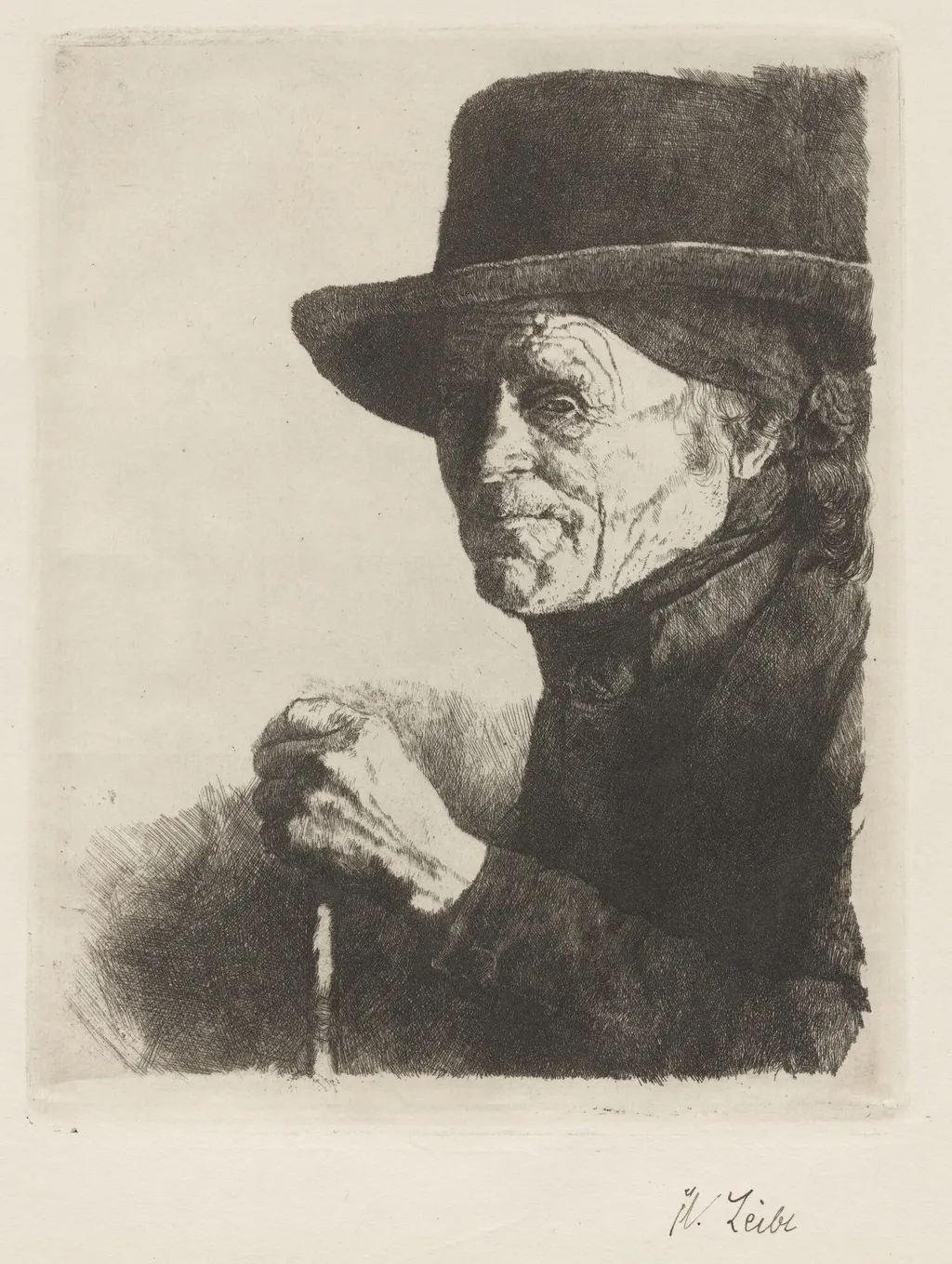 Old Farmer with a Hat, by Wilhelm Leibl, ink, 1876