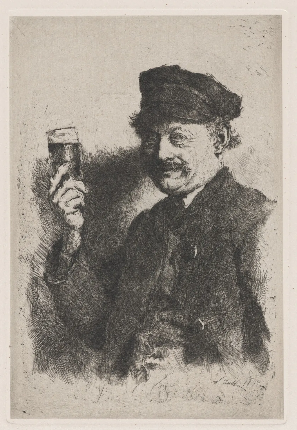 The Drinker (Portrait of Wirts Rauecker), by Wilhelm Leibl, ink, 1874
