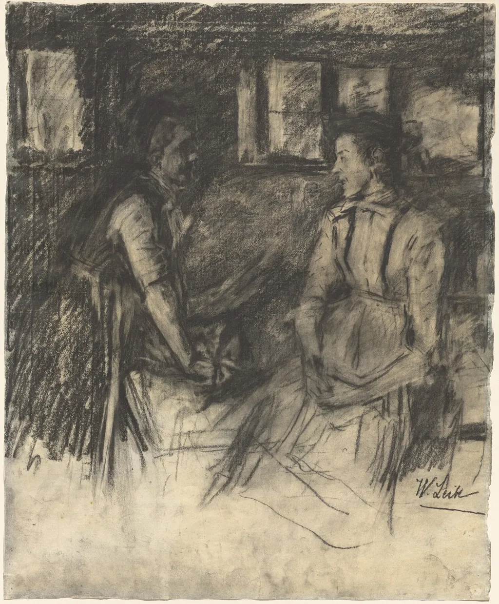 Two Women in the Kitchen, by Wilhelm Leibl, chalk