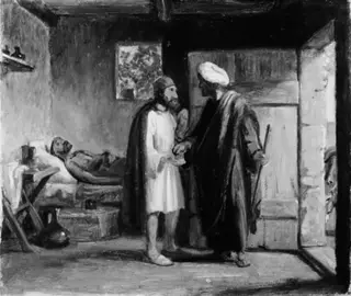 Den barmhjertige samaritan betaler værten, by Wilhelm Marstrand, 1849