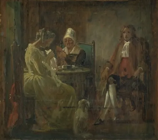 Frierens besøg. Dragter fra Holbergs tid, by Wilhelm Marstrand, unspecified, 1849