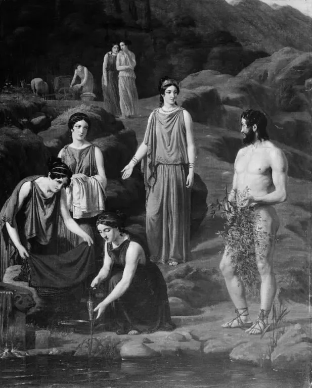 Nausikaa bringer den skibbrudne Odysseus klæder, by Wilhelm Marstrand, oil, 1835