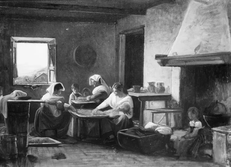 Women Working in the Kitchen of a Farmhouse near Olevano, Italy, by Wilhelm Marstrand, oil, 1847