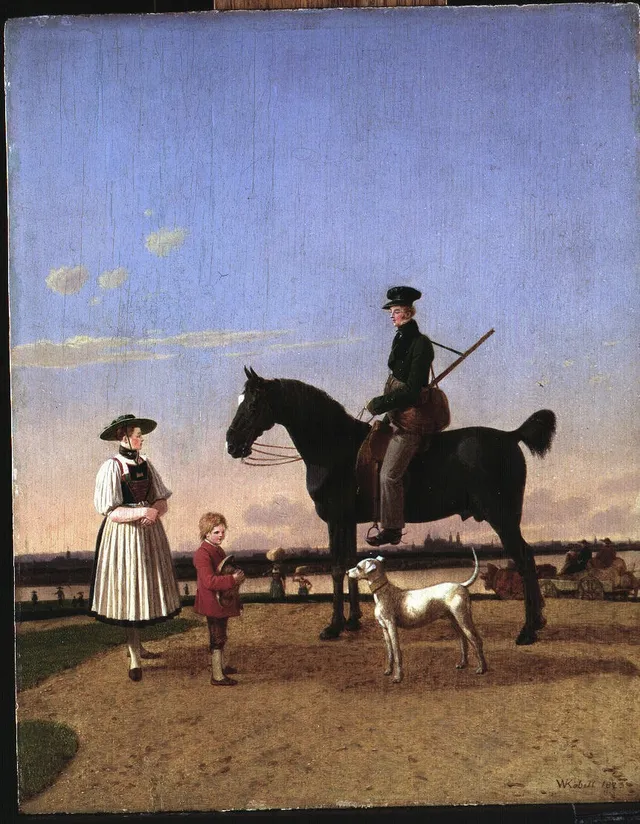 A Huntsman and a Peasant Woman by the Isar River with a View of Munich