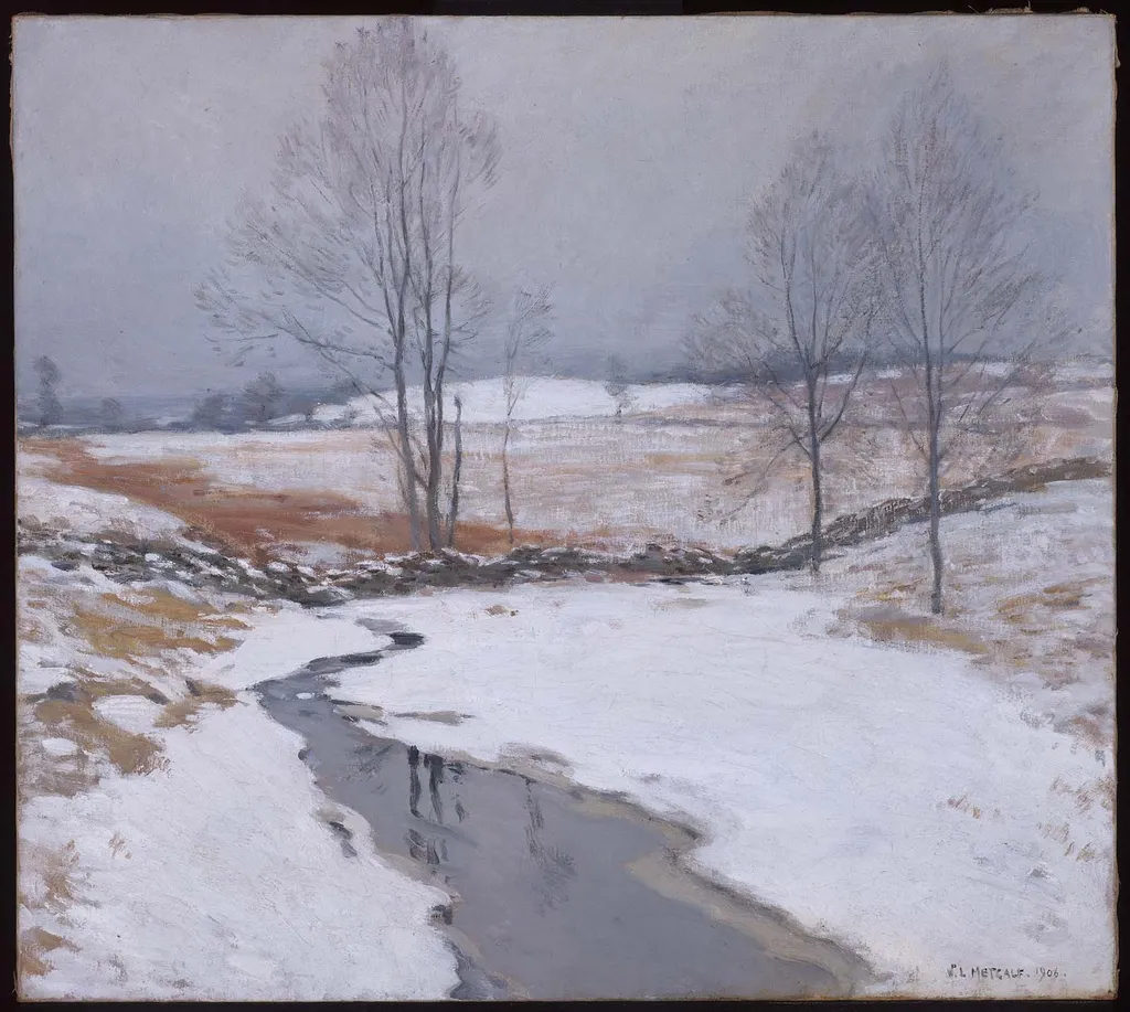 The First Snow, by Willard Metcalf, oil, 1906