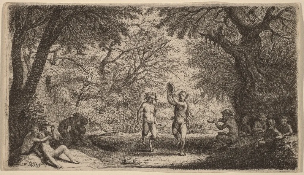 Bacchanal with a Dancing Couple in the Center, by Willem Basse, ink, 1642