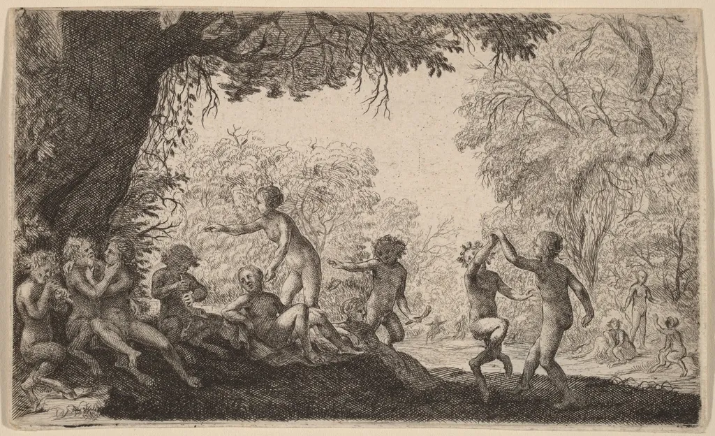 Bacchanal with a Dancing Couple on the Right, by Willem Basse, ink, 1642