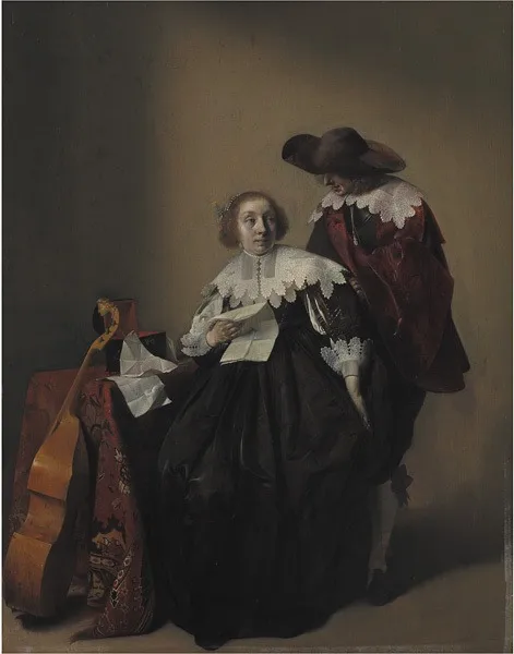 A Seated Woman with a Letter, a Gentleman Standing by Her, by Willem Cornelisz Duyster, oil, 1632