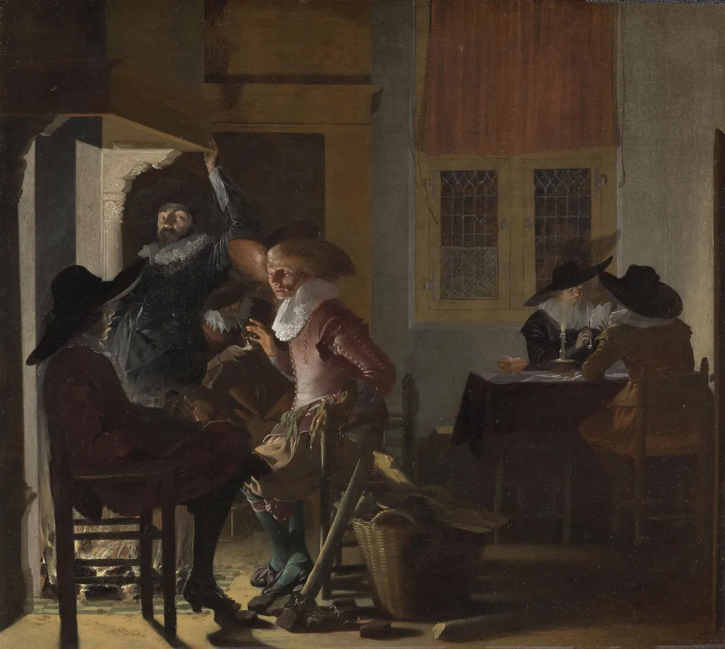 Soldiers beside a Fireplace, by Willem Cornelisz Duyster, oil, 1632