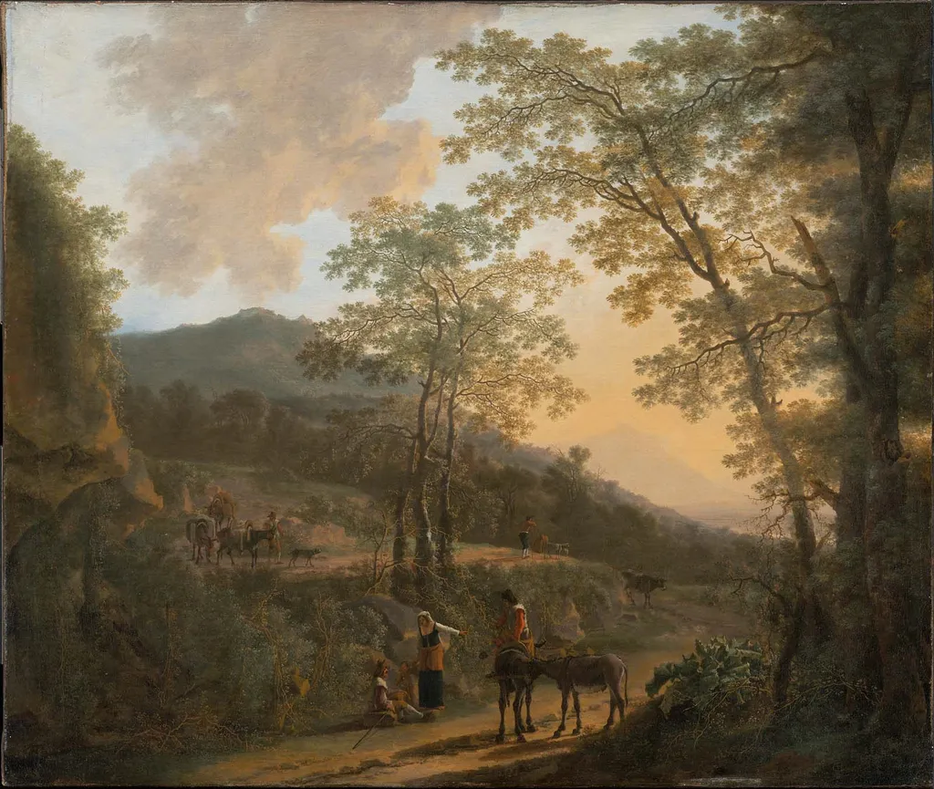 Italian Landscape with Peasants and Donkeys, by Willem de Heusch, oil, 1666