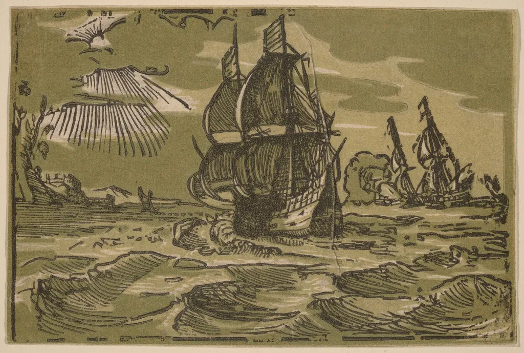 Two Three-Master Ships off a Coastline, by Willem Jansz. Blaeu, ink, 1600