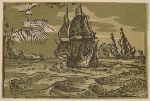 Two Three-Master Ships off a Coastline, by Willem Jansz. Blaeu