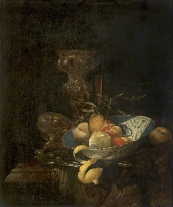 Still Life of Silver-Gilt Goblet, Porcelain Bowl, Glassware and Peeled Orange
