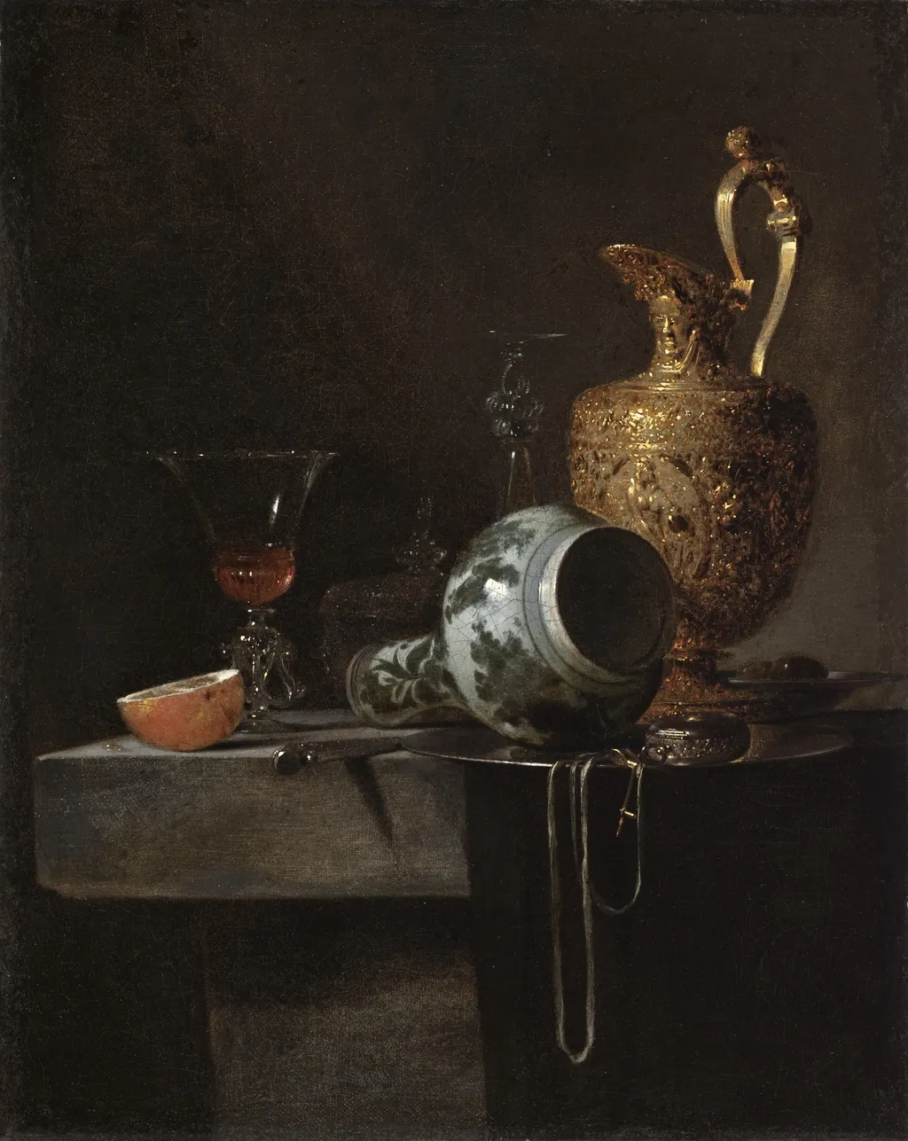 Still Life with a Porcelain Vase, Silver-gilt Ewer and Glasses, by Willem Kalf, oil, 1643