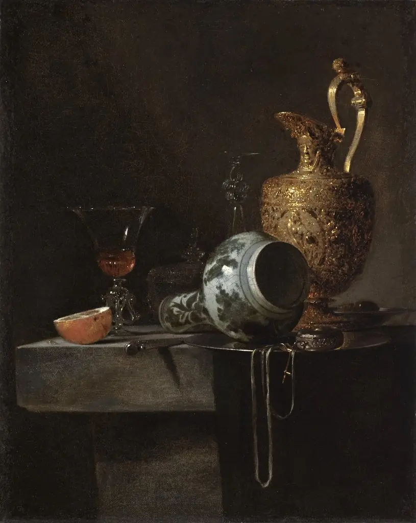 Still Life with a Porcelain Vase, Silver-gilt Ewer and Glasses, by Willem Kalf