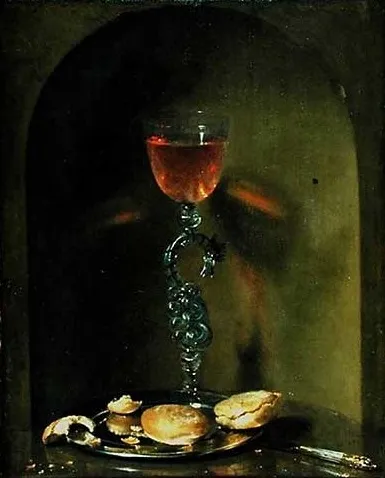 Still Life with Bread and Wine Glass, by Willem Kalf, oil, 1650