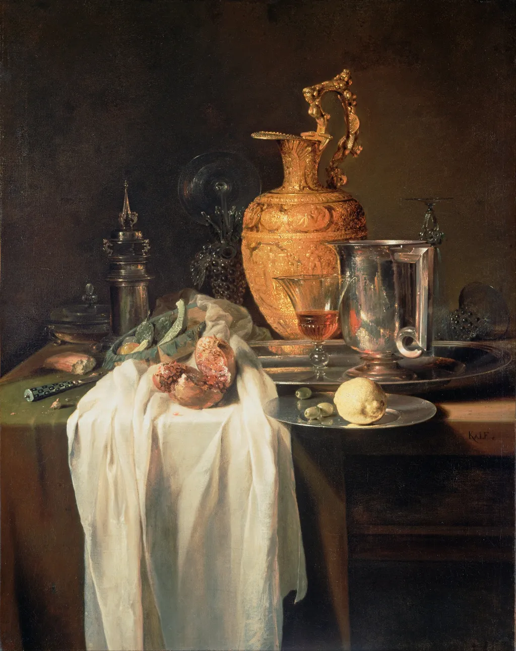 Still Life with Ewer, Vessels and Pomegranate, by Willem Kalf, oil, 1640