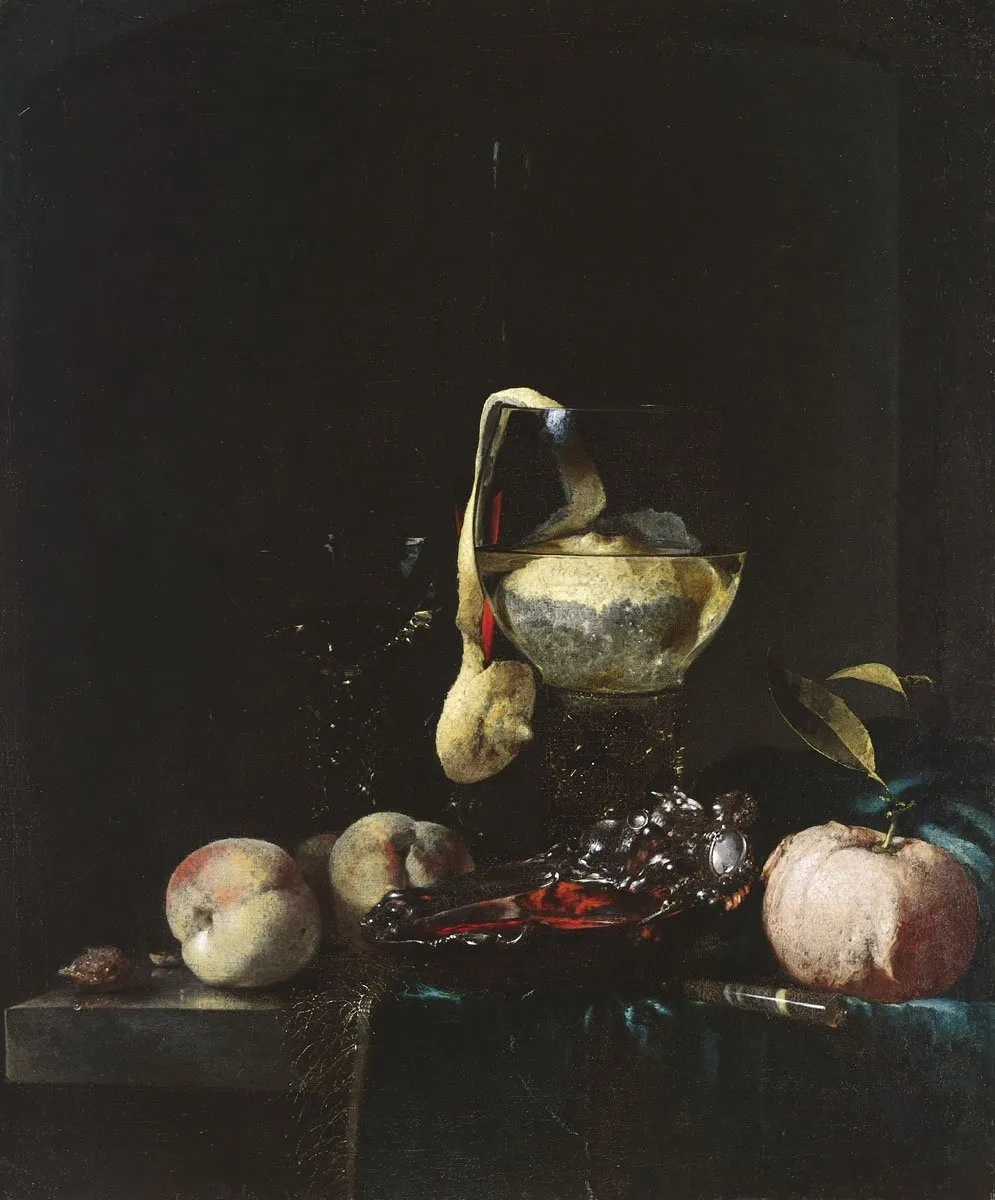 Still Life with Glasses and a Silver Bowl, by Willem Kalf, oil, 1656
