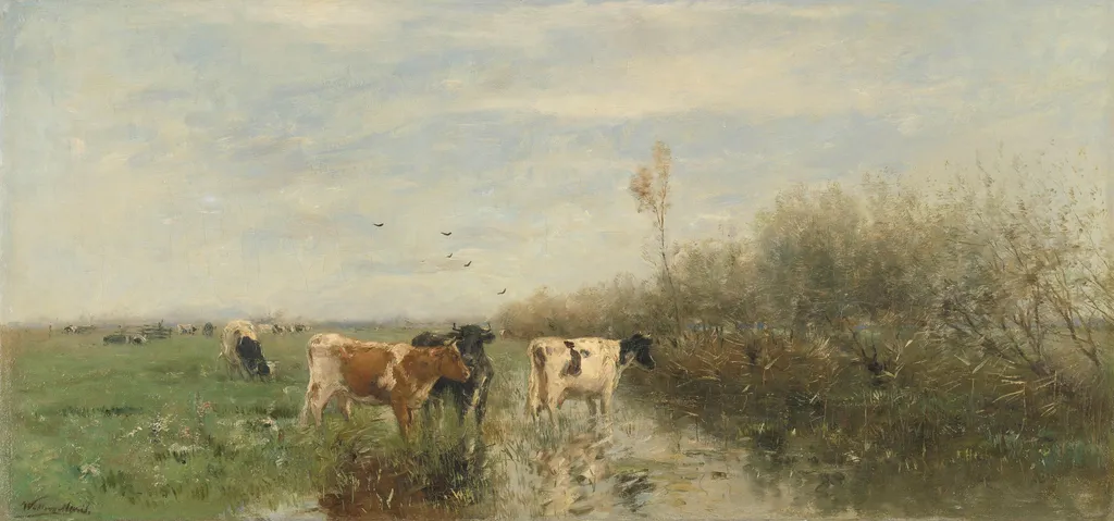 Cows in a soggy meadow, by Willem Maris, oil, 1860