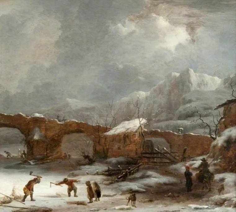 A Winter Landscape with the Pont du Rhône, by Willem Schellinks, oil, 1655