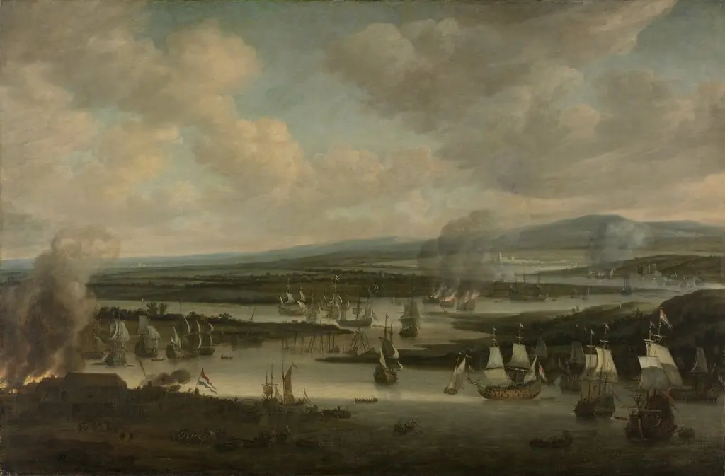 The burning of the English fleet near Chatham, June 1667, during the second Anglo-Dutch war, by Willem Schellinks