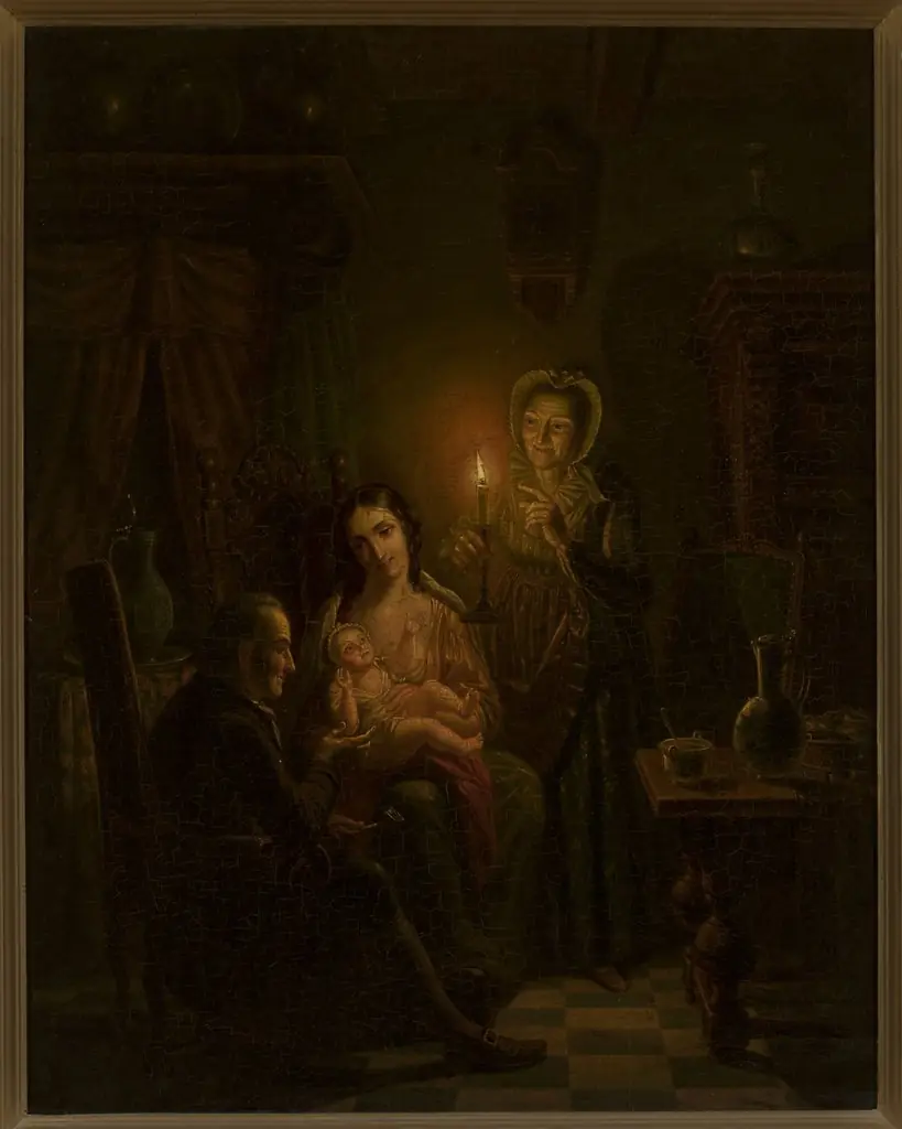 Family scene indoors by candlelight, by Willem Thans