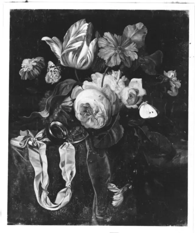 Flower still life with a watch on a partly draped marble ledge, by Willem van Aelst
